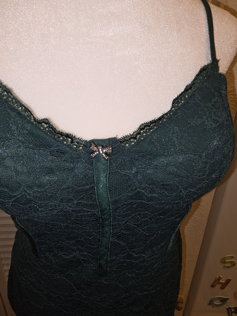 AUW Vintage Dark Green Bodic Slip Dress With Lace & Delicate Bow Size Large - Picture 3 of 11